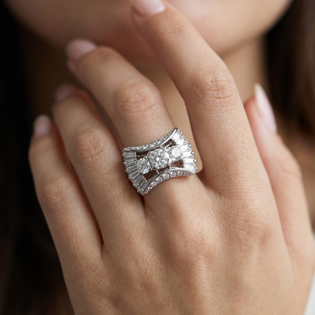 Anello fiocco oro bianco con diamanti baguette_4