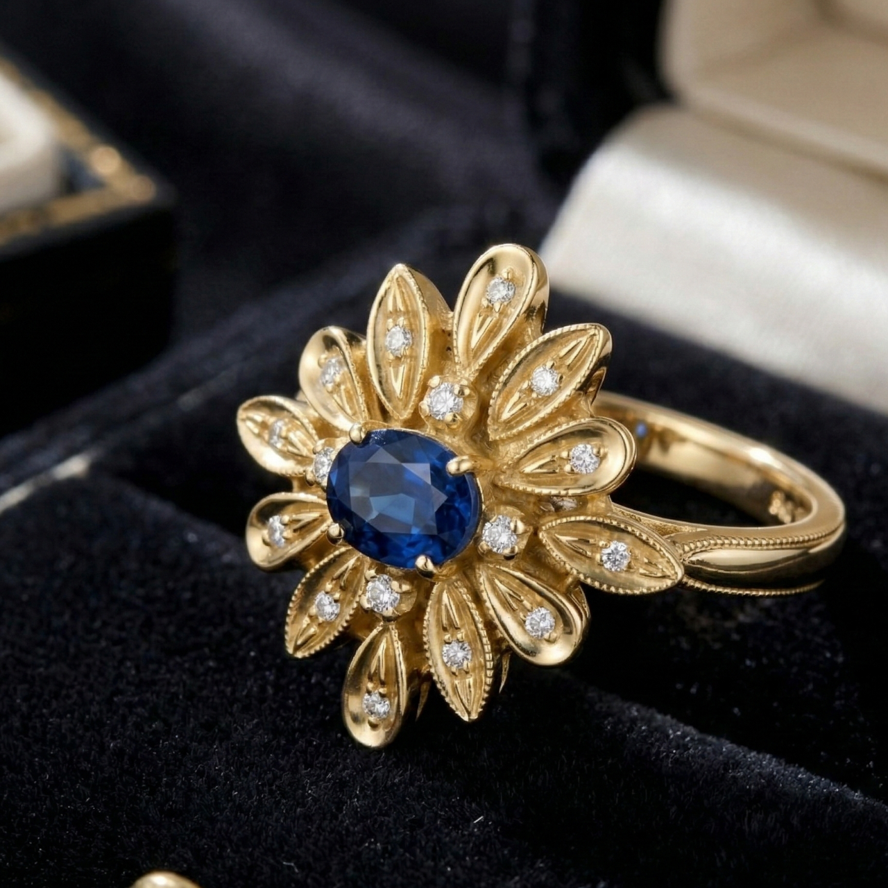 Anello artigianale in oro giallo con diamanti e zaffiro_4