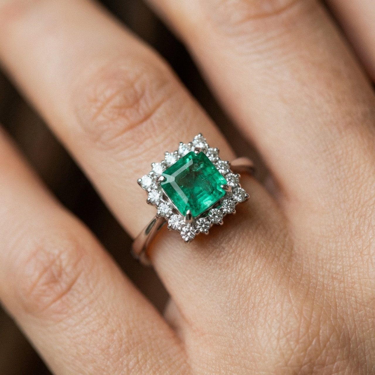 Anello in oro bianco 'halo' con smeraldo e diamanti_4