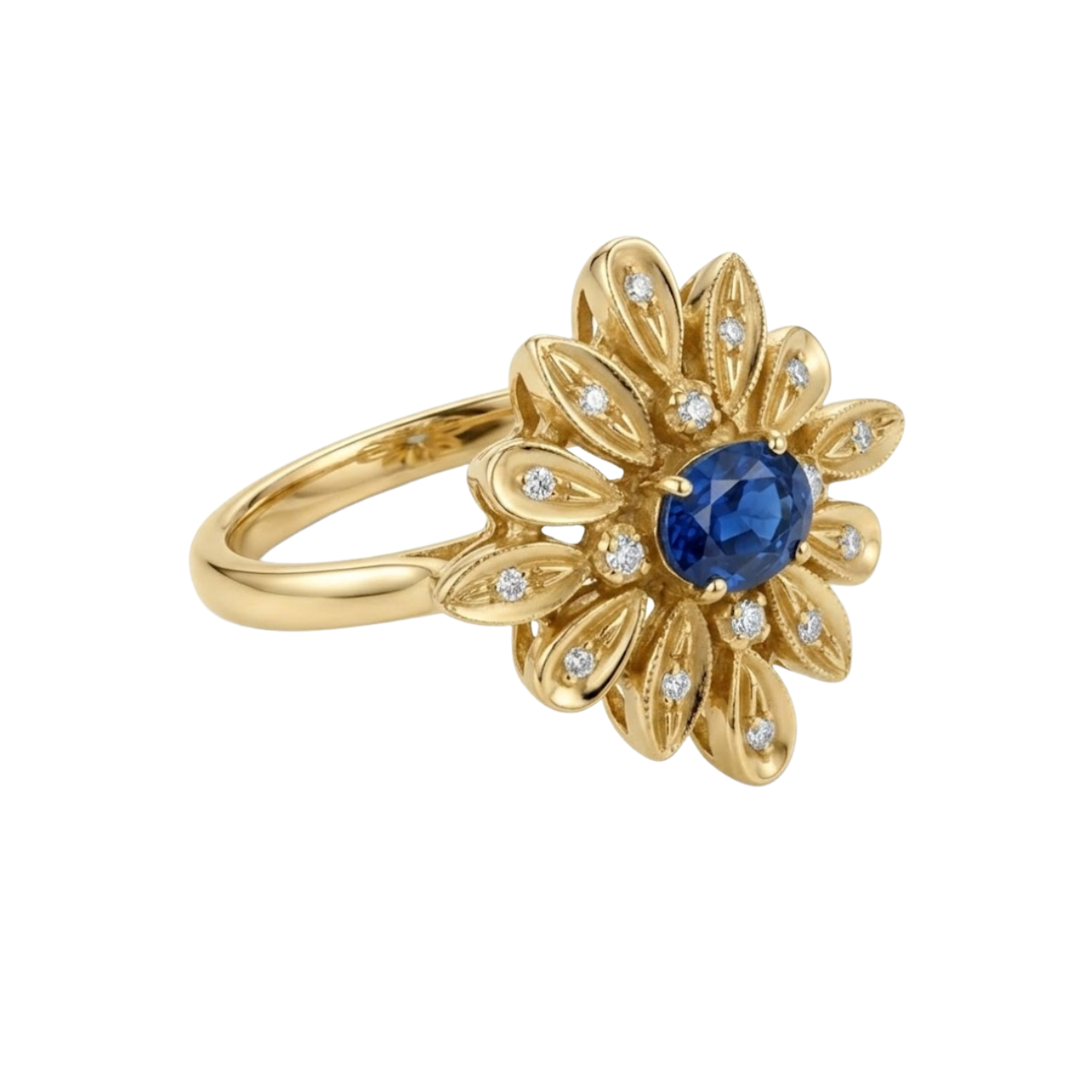 Anello artigianale in oro giallo con diamanti e zaffiro_2