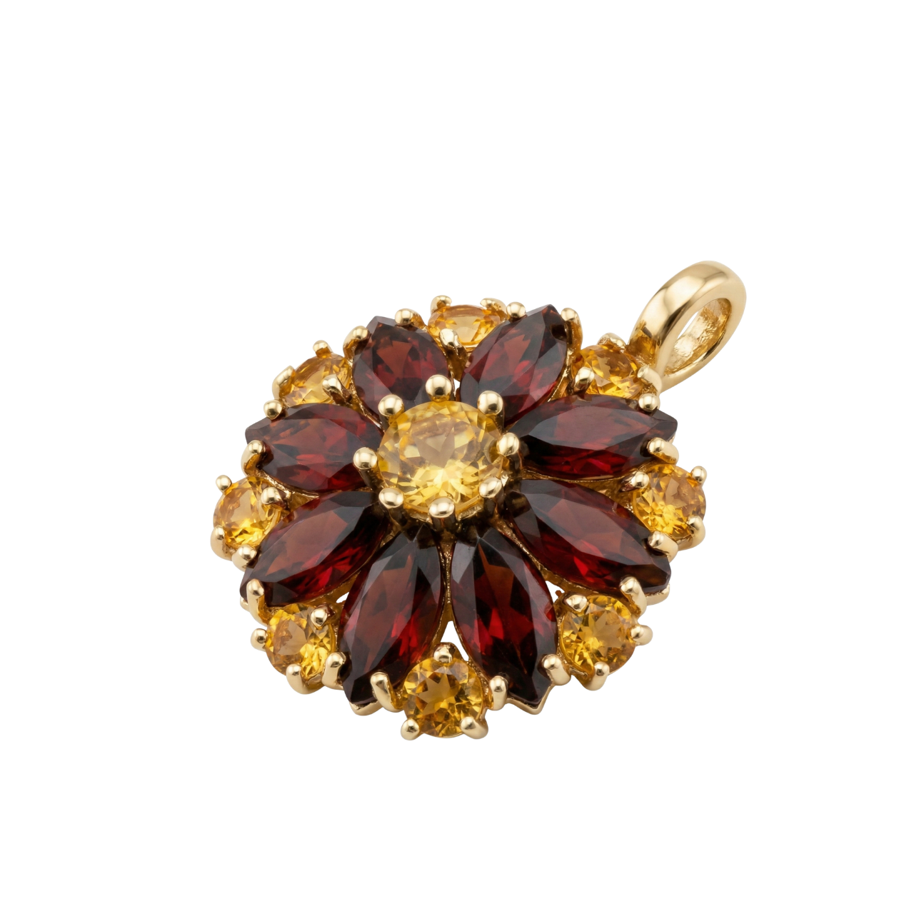 Ciondolo fiore oro giallo con quarzi gialli e rossi_2