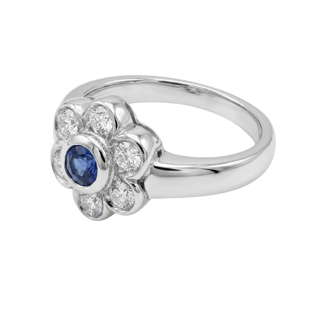 Anello oro bianco a fiore con zaffiro centrale e diamanti_2