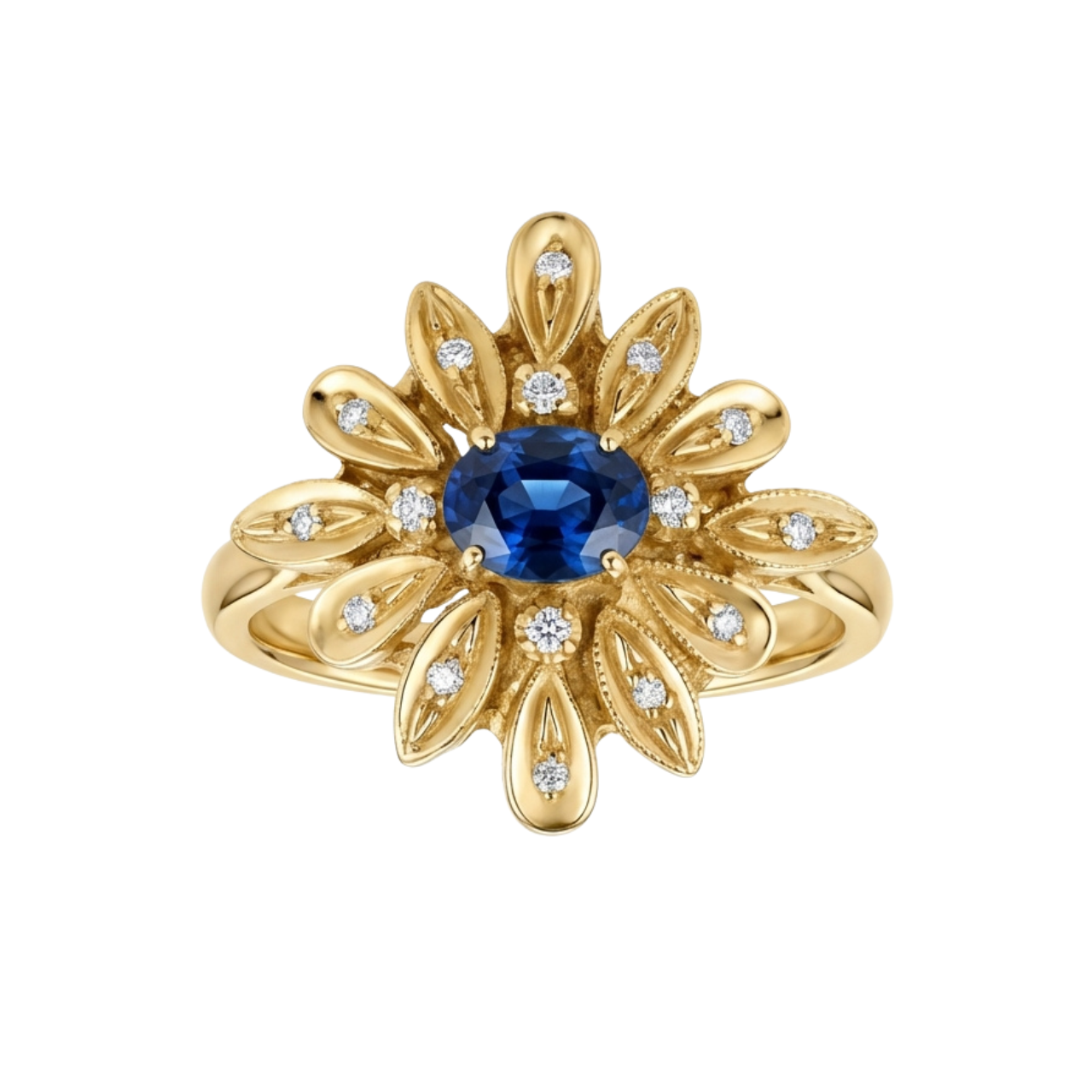 Handgefertigter Ring aus Gelbgold mit Diamanten und Saphir