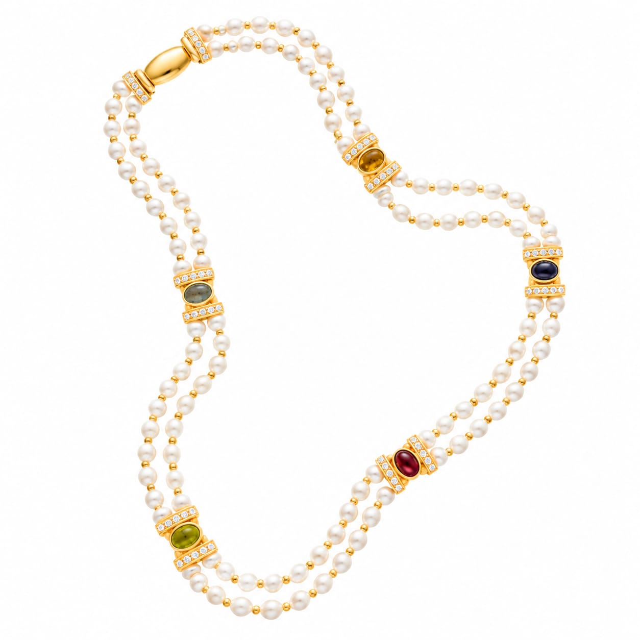Girocollo doppio filo in oro giallo, con perle topazi e diamanti._2