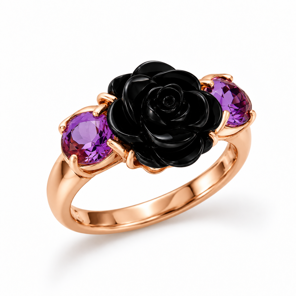 Anello in oro rosa con fiore nero e ametiste_3