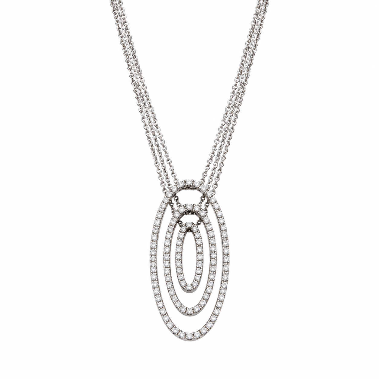 Collana in oro bianco con pendente ovale a tre cerchi concentrici in pavè di diamanti_1