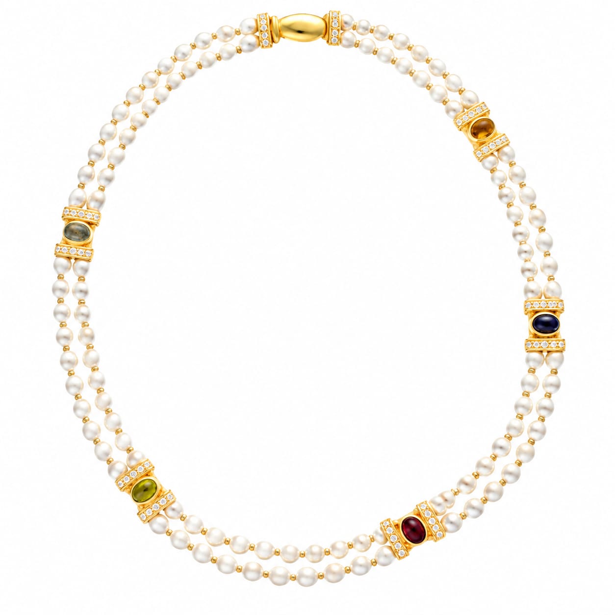 Girocollo doppio filo in oro giallo, con perle topazi e diamanti.
