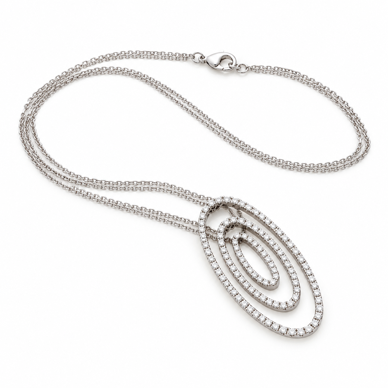 Collana in oro bianco con pendente ovale a tre cerchi concentrici in pavè di diamanti_3