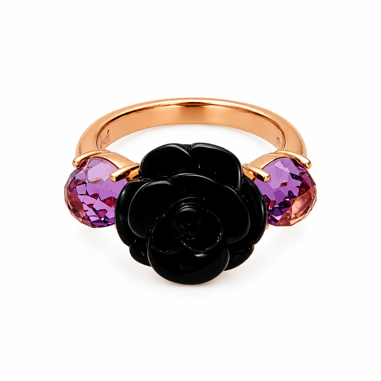 Anello in oro rosa con fiore nero e ametiste_1