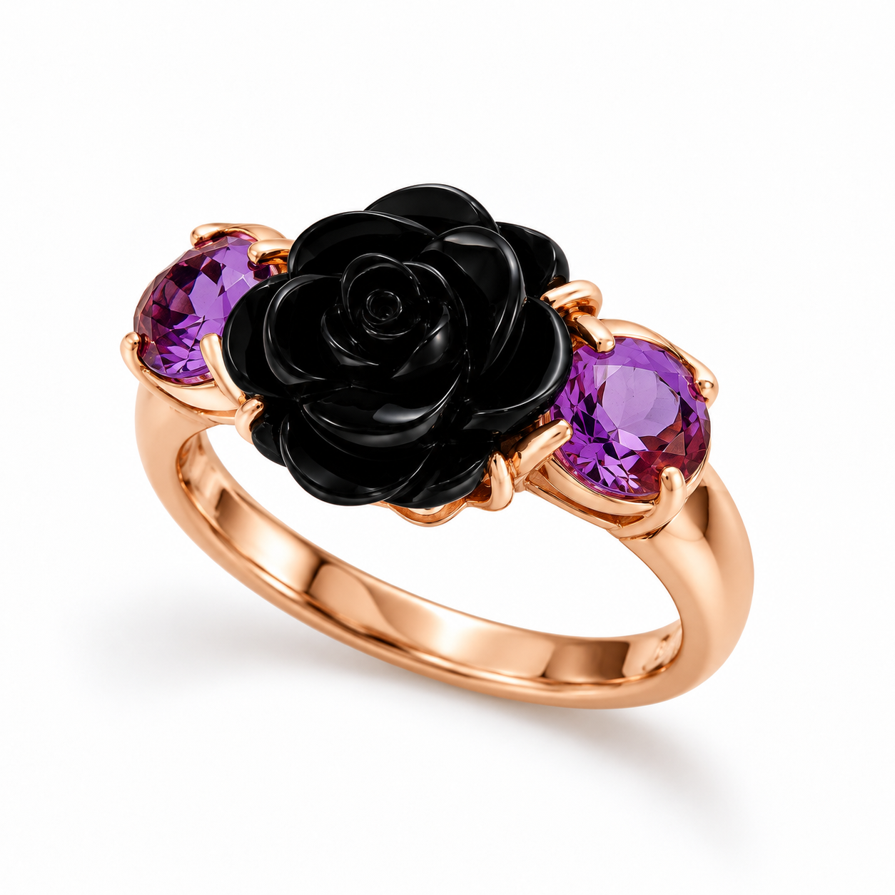 Anello in oro rosa con fiore nero e ametiste_2