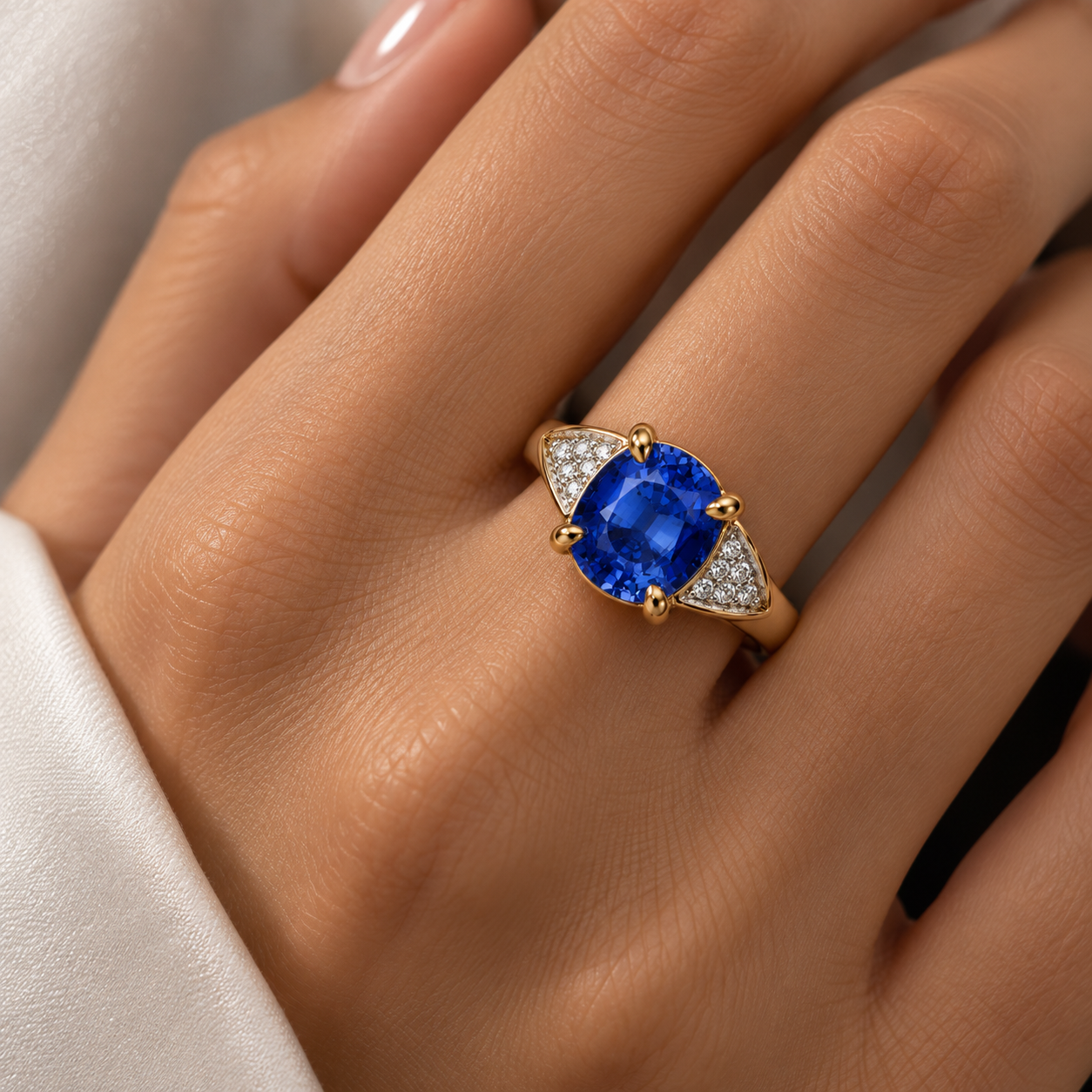 Anello in oro giallo con gemma blu e zirconi_3