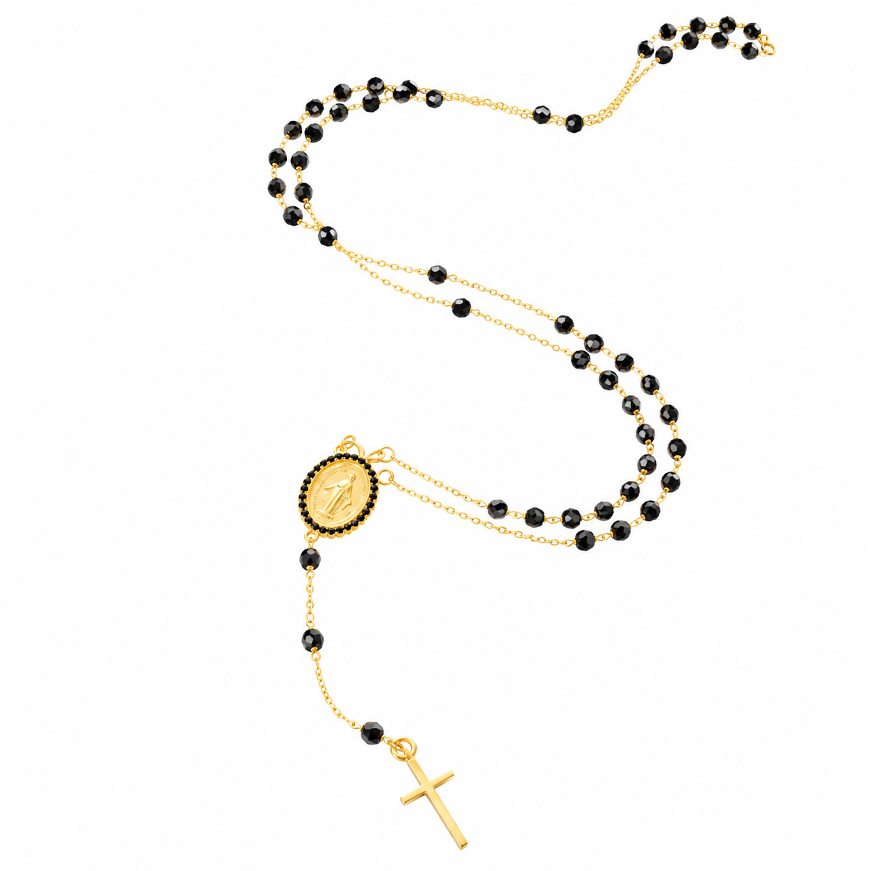 Collana rosario in oro giallo con grani neri e pendente a croce_2