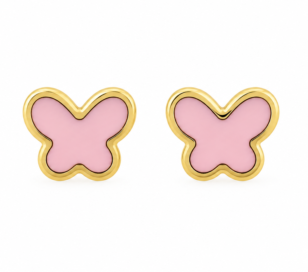 Orecchini a forma di farfalla rosa in oro giallo_1