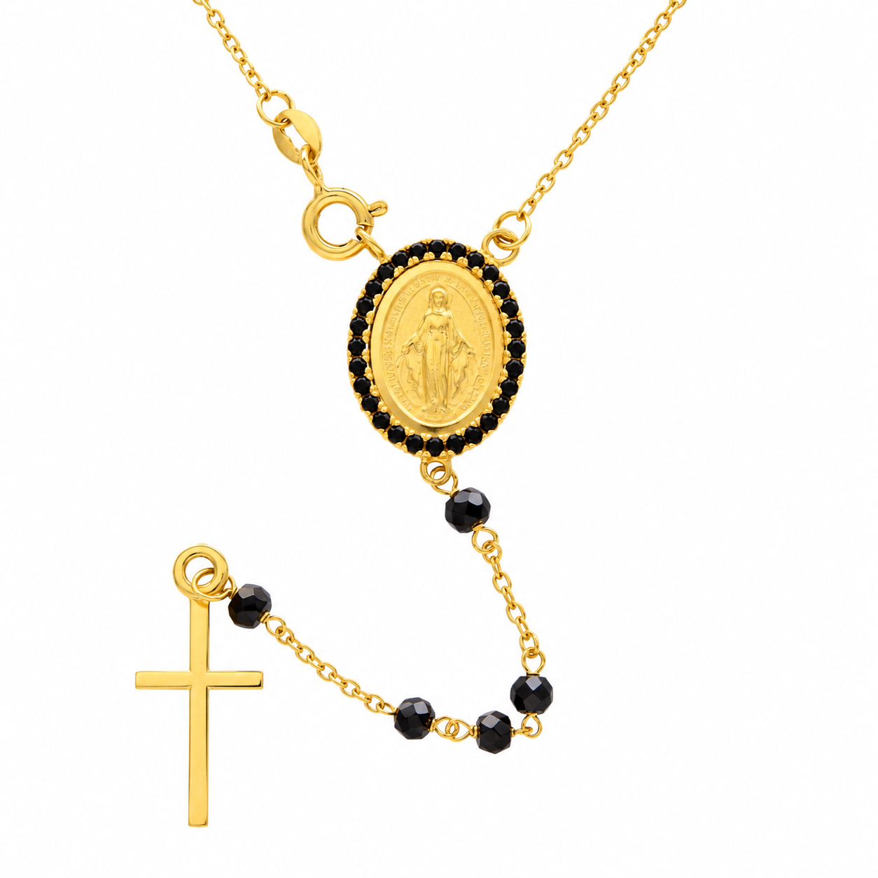 Collana rosario in oro giallo con grani neri e pendente a croce_1