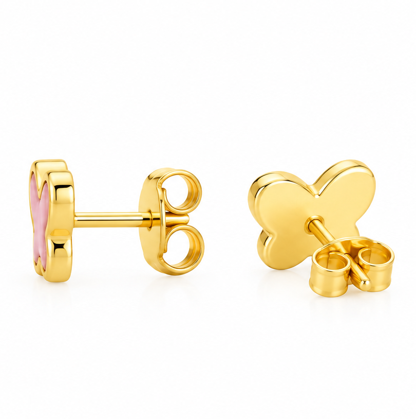 Orecchini a forma di farfalla rosa in oro giallo_2