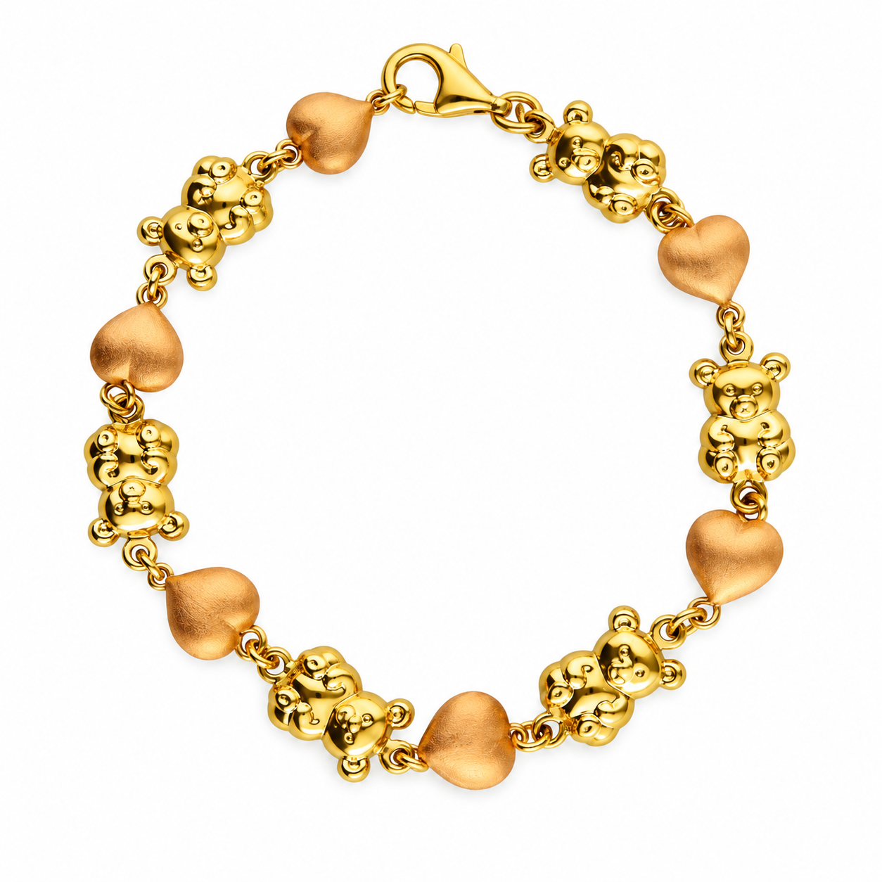 Bracciale in oro giallo e oro rosa con cuori e orsetti_1